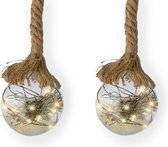 3x stuks verlichte glazen kerstballen aan touw met 30 lampjes zilver/warm wit 14 cm - Decoratie kerstballen met licht