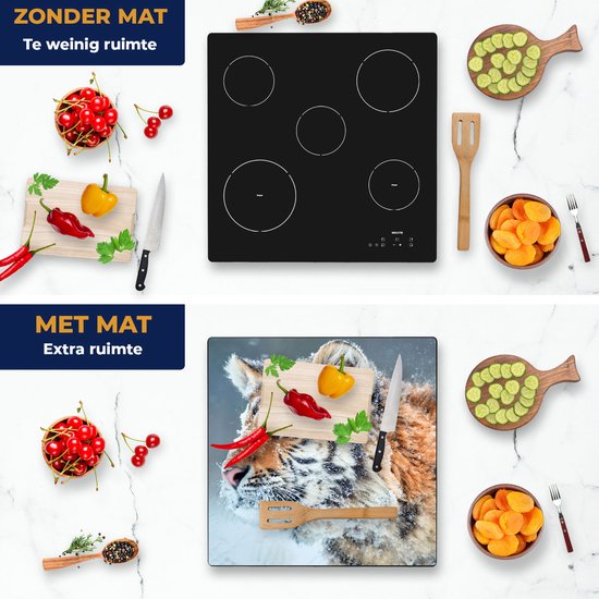 Chefcare Inductie Beschermer Tijger tijdens de Sneeuw - 78x78 cm - Afdekplaat Inductie - Kookplaat Beschermer - Inductie Mat