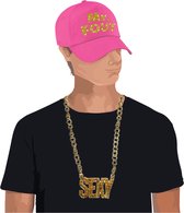 Foute party Mr. FOUT verkleed set pet roze/goud voor heren met een plastic gouden sexy ketting