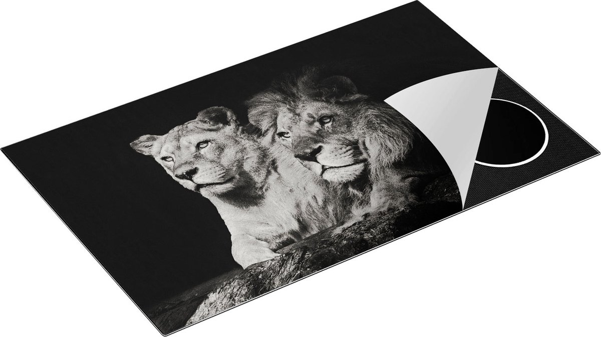 Chefcare Inductie Beschermer Leeuw en Leeuwin - Zwart Wit - 85x52 cm - Afdekplaat Inductie - Kookplaat Beschermer - Inductie Mat