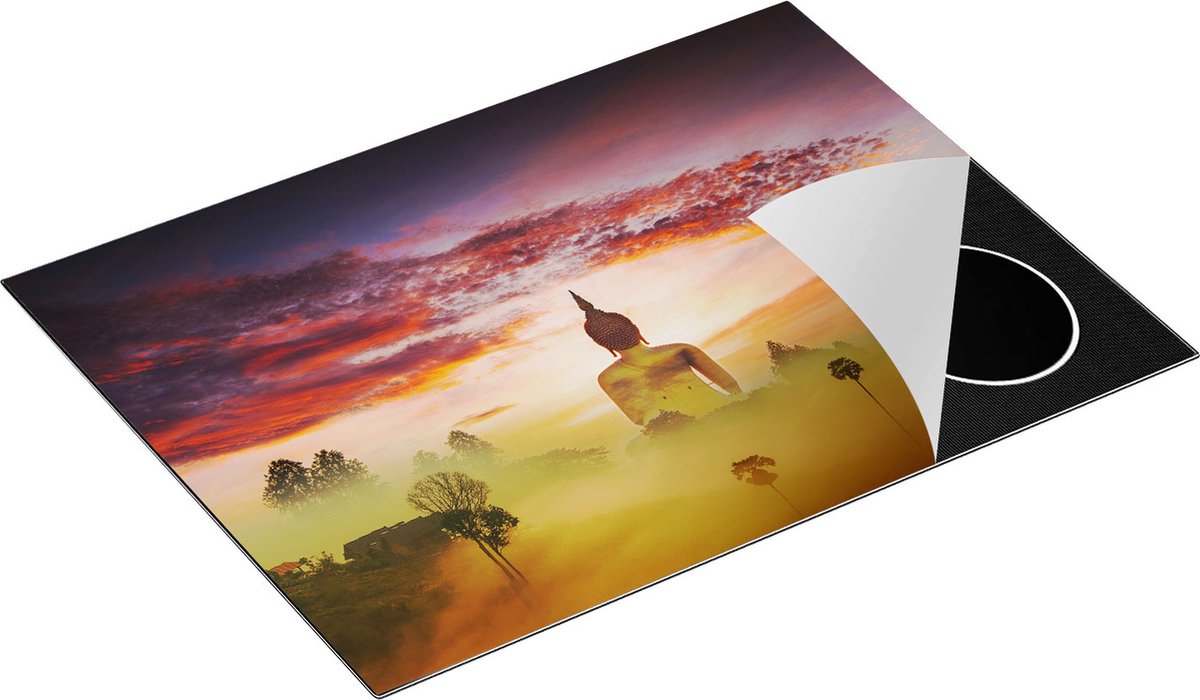 Chefcare Inductie Beschermer Boeddha Beeld in de Mist - 70x55 cm - Afdekplaat Inductie - Kookplaat Beschermer - Inductie Mat