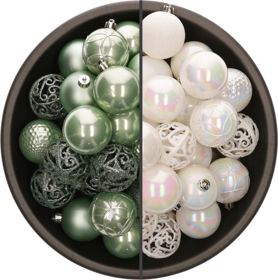 Bellatio Decorations Kerstballen mix - 74-delig - parelmoer wit en mintgroen - 6 cm - kunststof