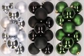 36x stuks kunststof kerstballen mix van zilver, zwart en donkergroen 6 cm - Kerstversiering