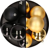 12x stuks kunststof kerstballen 8 cm mix van zwart en goud - Kerstversiering