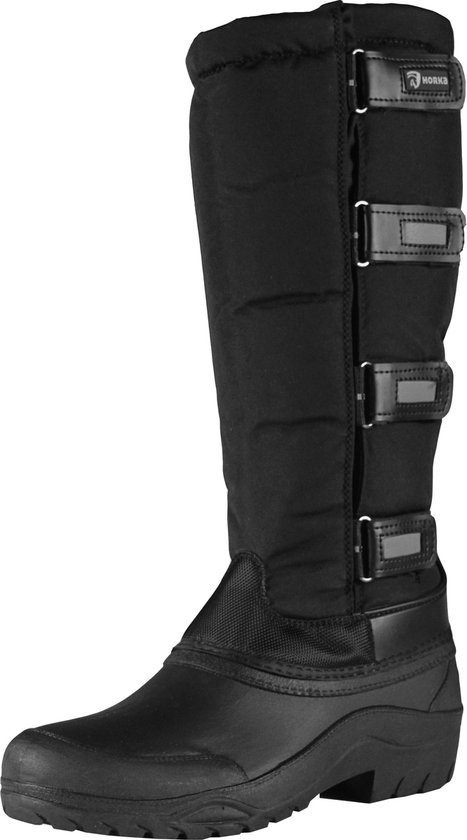 Zwarte Horka winterlaars met drie gespen en reflecterende details.
