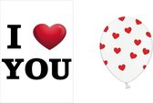 I Love You mega deurposter 59 x 84 cm en 6x witte ballonnen met rode hartjes - Valentijnsdag decoratie