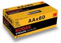 Gele en zwarte doos met "KODAK XTRALIFE ALKALINE AAx60" en "10 YEAR GUARANTEE".
