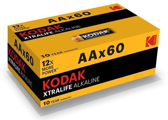 Gele en zwarte doos met "KODAK XTRALIFE ALKALINE AAx60" en "10 YEAR GUARANTEE".
