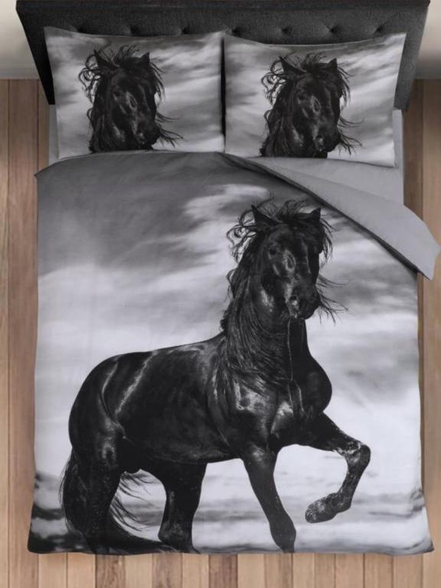 Dekbedovertrek Paard Zwart - Lits Jumeaux - 240x200/220 cm + 2 kussenslopen 60 x 70 cm