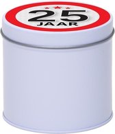 Cadeau/kado wit rond blik 25 jaar 10 cm - Snoepblikken - Cadeauverpakking voor verjaardag/jubileum