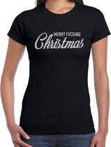 Foute Kerst t-shirt - Merry Fucking Christmas - zilver / glitter - zwart - dames - kerstkleding / kerst outfit L