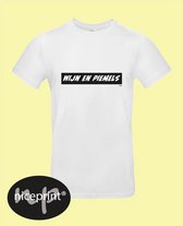 Wit uni shirt met de tekst wijn en piemels maat L