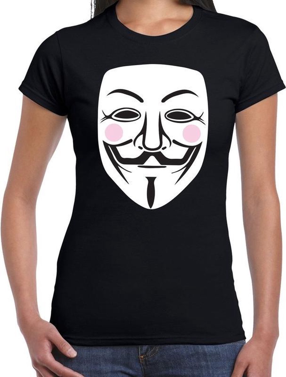 Afbeelding van product Bellatio Decorations  Vendetta masker fun t-shirt zwart voor dames - V for Vendetta / anonymous shirt L  - maat L