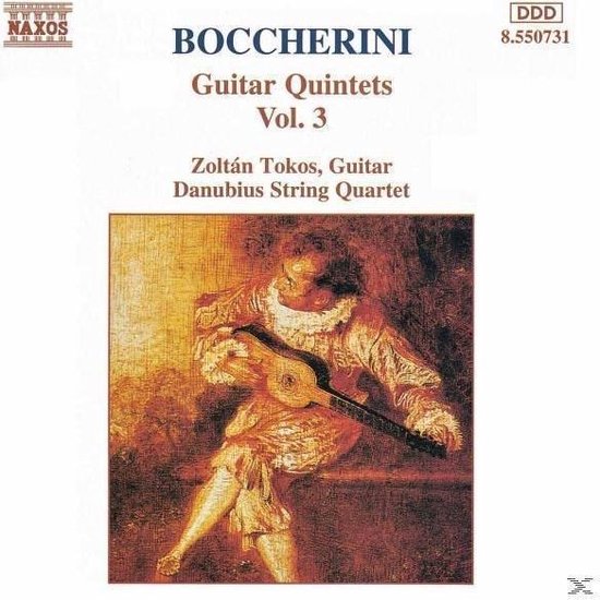 Albumhoes van Boccherini Gitaarkwintetten Vol. 3. De cover toont schilderij 'De Gitaarspeler' van Jean Antoine Watteau in warme tinten.