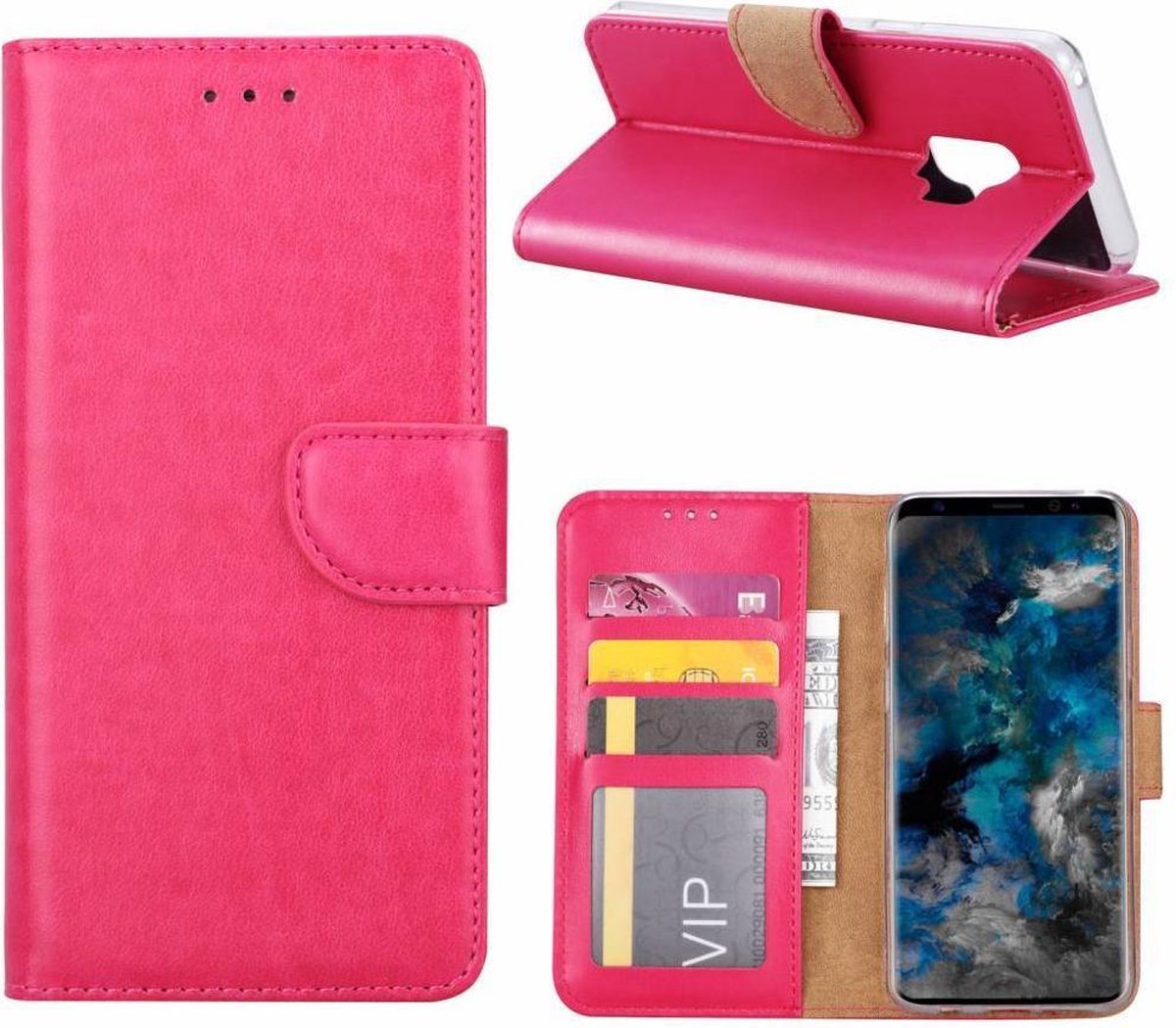 Samsung Galaxy S9 Telefoon Hoesje met pasjeshouder TPU Lederen Hoesje Roze - van Bixb