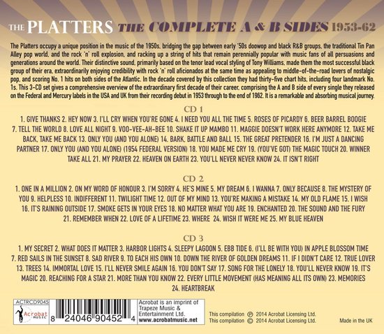 CD-hoes met tracklijsten voor The Platters The Complete A & B Sides 1953-1962.