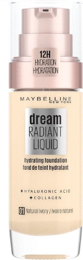 Maybelline Dream Radiant Liquid - 1 Natural Ivory - Foundation Geschikt voor de Droge Huid met Hyaluronzuur - 30 ml