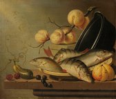 Stilleven met vissen en vruchten, Harmen Steenwijck, 1652 op aluminium dibond