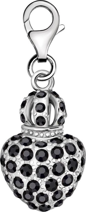 Quiges – 925 - Zilver – Charm - Bedel - Hanger - 3D Zwarte Zirkonia Hart met Kroon - met – sterling - zilver - karabijnslot - geschikt - voor - Zinzi, Thomas – Sabo - Ti Sento - Bedelarmband HC143
