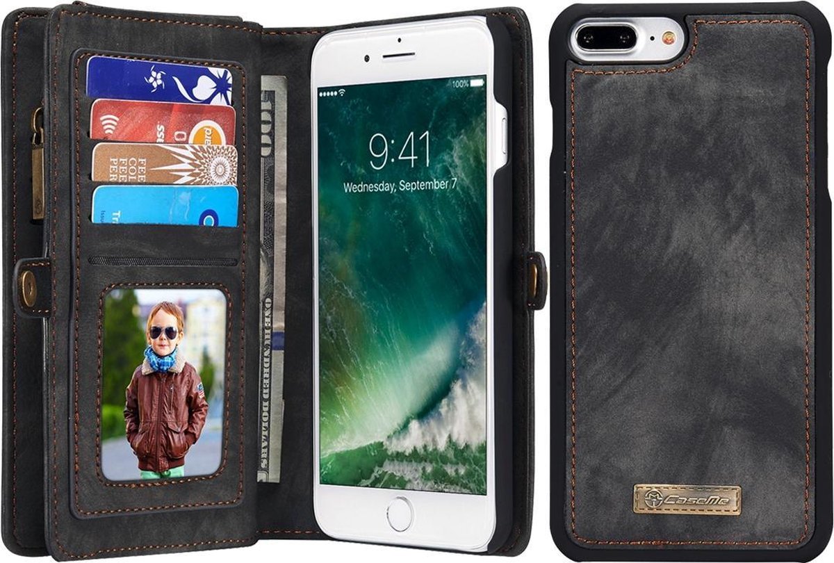 Caseme Telefoonhoesje geschikt voor Apple iPhone 8 Plus Hoesje | Caseme 008 Uitneembare 2in1 Bookcase Portemonnee | Pasjeshouder voor 8 Pasjes | Telefoonhoesje voor Pinpas / OV Kaart / Rijbewijs - Zwart