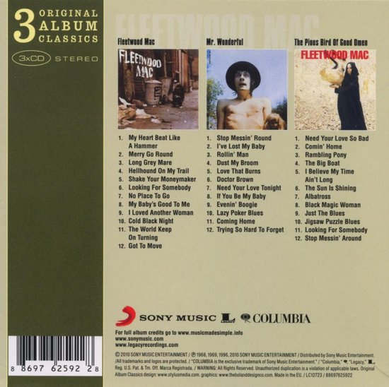 Achterkant 3 Original Album Classics Fleetwood Mac, met tracklists en logo's.