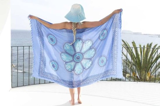 Pareo Flower Blue Turquoise Blue - 160x110cm - Pareo beach - zomer pareo - dames - sarong - omslagdoek - wikkeljurk - strand - stranddoek - bikini cover up - strandjurkje