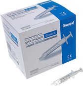Romed 2-delige injectiespuiten 5ml luer slip 100 stuks Romed - Doorzichtig/wit - Polypropyleen (loop) & Polyethyleen (zuiger) - 2-delige injectiespuit