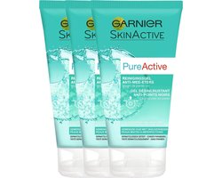 Garnier PureActive Reinigingsgel Anti-Eters voor een Gemengde Huid - Tegen mee-eters & verstopte poriën - 3 x 150 ml - Voordeelverpakking