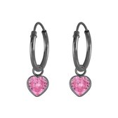 Oorbellen dames | Oorringen met hanger | Black rhutenium plated oorringen met roze hartje | WeLoveSilver