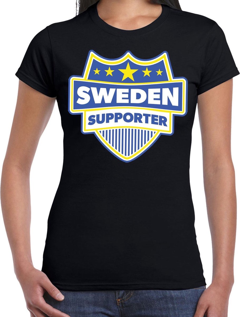 Afbeelding van product Bellatio Decorations  Sweden supporter schild t-shirt zwart voor dames - Zweden landen t-shirt / kleding - EK / WK / Olympische spelen outfit XL  - maat XL