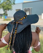 Zwarte Zomerhoed / dameshoed met Afrikaanse print band - Bogolan / Strandhoed / Zonnehoed / Strohoed / Beach hat