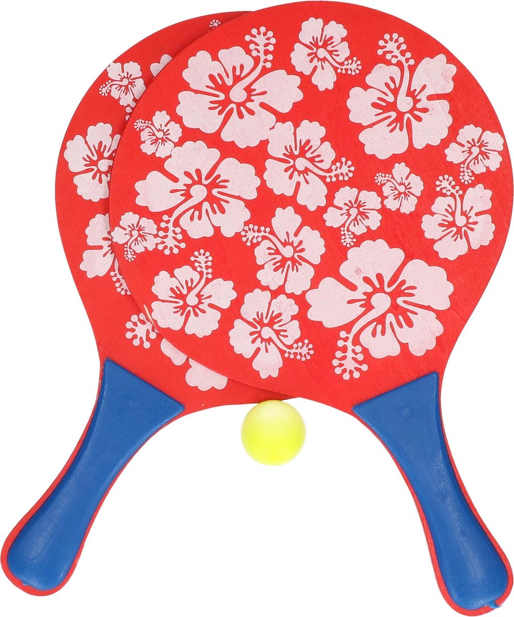Rode beachball set met bloemenprint buitenspeelgoed - Houten beachballset - Rackets/batjes en bal - Tennis ballenspel - Merkloos