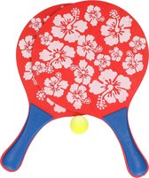 Rode beachball set met bloemenprint buitenspeelgoed - Houten beachballset - Rackets/batjes en bal - Tennis ballenspel