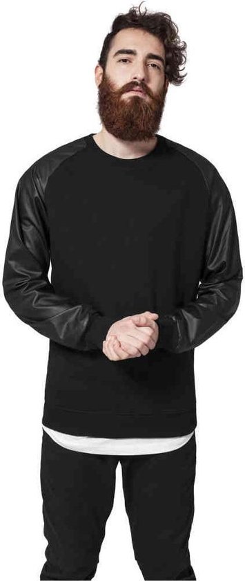 Urban Classics - Raglan Leather Imitation Crew Sweater/trui - S - Zwart