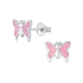 Oorbellen meisje | Kinderoorbellen meisje zilver | Zilveren oorstekers, vlinder met roze vleugels | WeLoveSilver