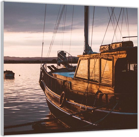 Acrylglas –Boot in de Haven bij Zonsondergang– 50x50 (Wanddecoratie op Acrylglas)
