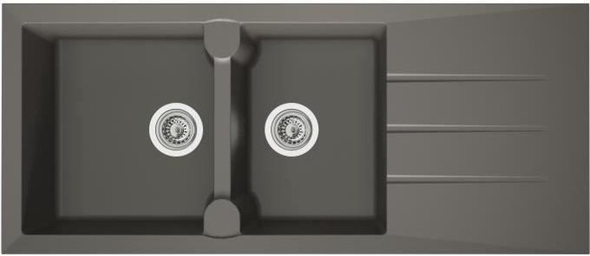 STRADOUR Ingebouwde gootsteen met 2 bakken + 1 Aloa-afdruiprek - Hars - 116 x 50 cm - Beton grijs