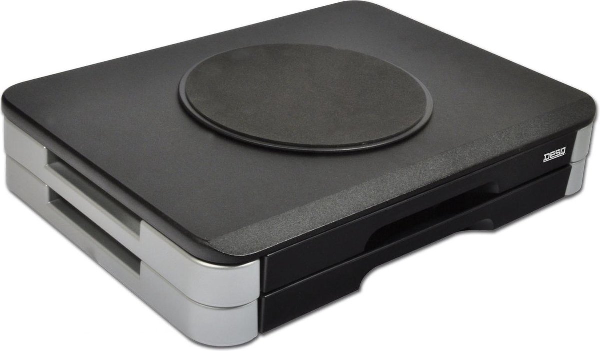 DESQ® | Monitorverhoger | Hoogte 80 mm | 2 Lades | Draaiplateau | Zilver – Zwart