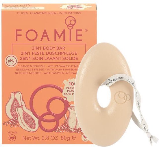 Foamie 2-in-1 body bar verpakking met een ovale zeep, met papaya en havermelk. Dermatologisch getest. 100% plasticvrij.