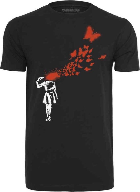 Merchcode Banksy - Brandalised - Banksy's Graffiti Butterfly Heren T-shirt - S - Zwart