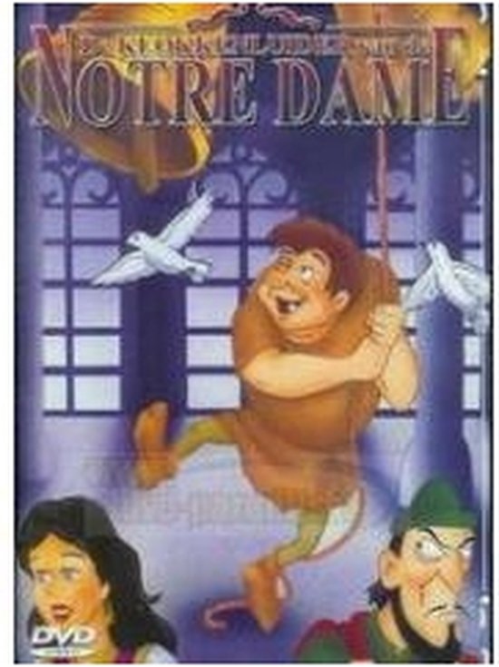 De Klokkenluider van de Notre Dame DVD cover met Quasimodo, Esmeralda en Frollo.