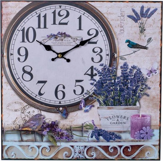 Toile Peinture murale Horloge & JARDIN DES FLEURS LAVANDE 38 Cm avec Klok - Klok murale rurale / Brocantes - Toile Horloges murales en toile avec Klok - Cuisine Horloge - Horloge murale Klok murale - Dim. 38 x 38 Cm - Decopatent®