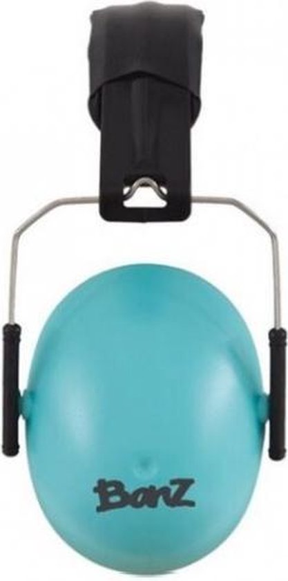 Casque antibruit turquoise pour enfants avec logo 'Banz', serre-tête réglable.