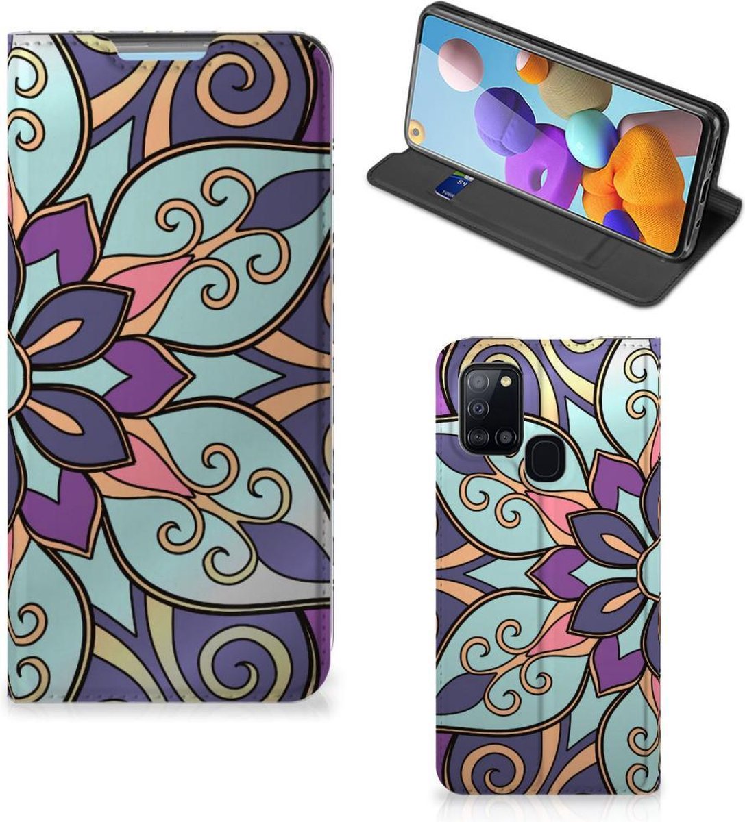 Standcase Hoesje voor Samsung Galaxy A21s Smart Cover Purple Flower