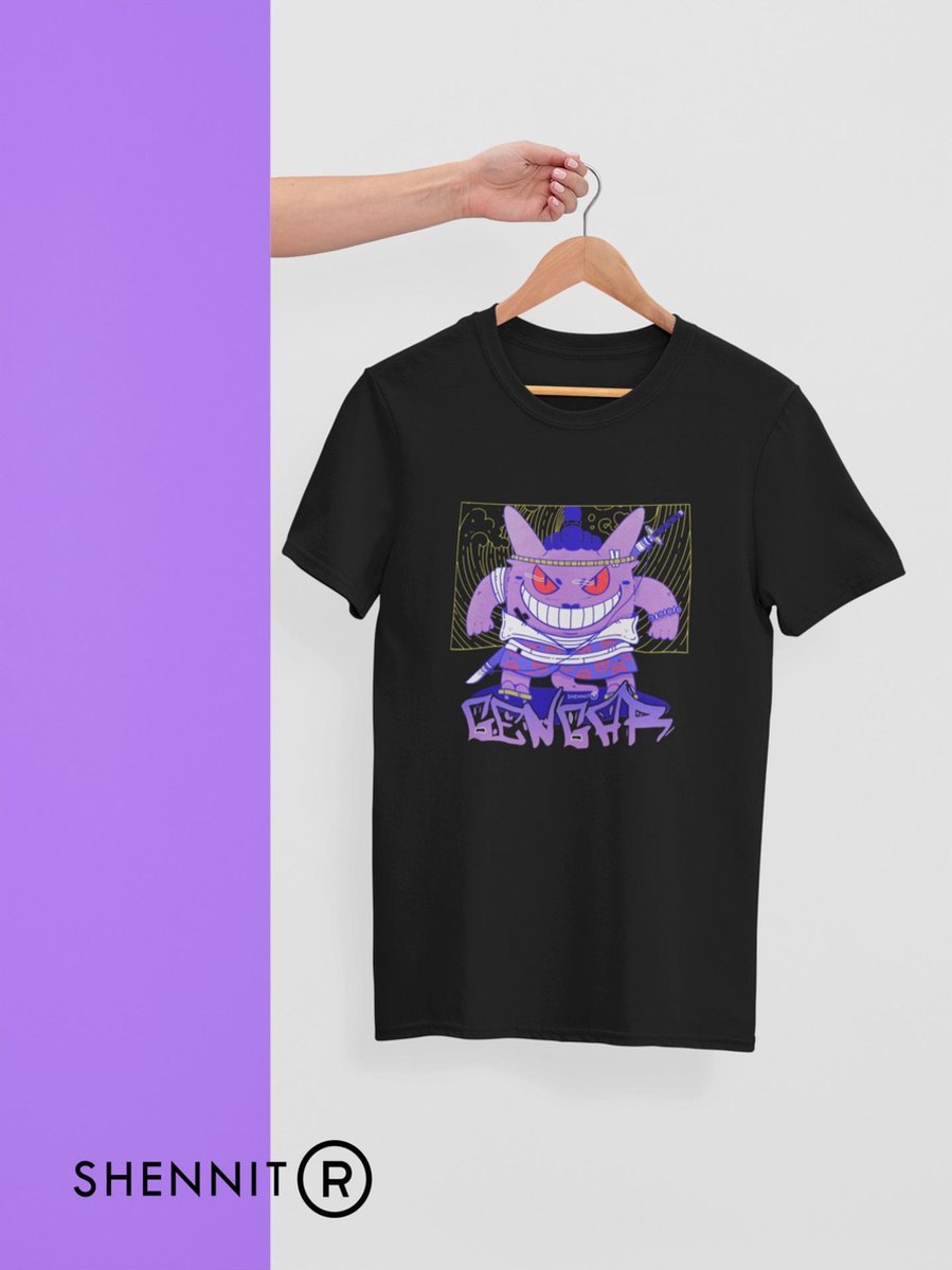 Paars Monster Gengar Gastly Anime Vechters T-Shirt | Cadeau voor Otaku en Weeb | Japan Ojisan Culture Merchandise | Urban Geekchic Style | Zwart Maat XL - Shennit