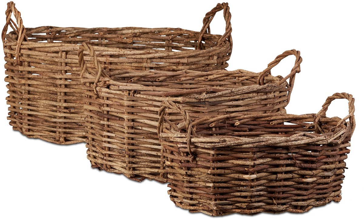 relaxdays mand set van 3 - gevlochten - ovaal - wijnstokhout - handgrepen - opbergmand