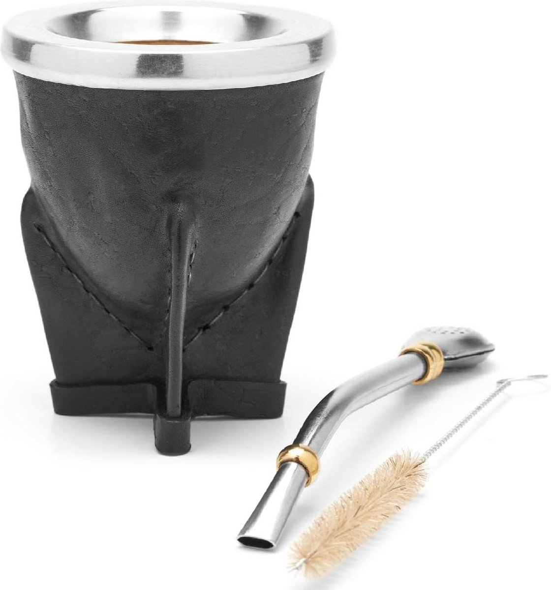 Met de hand vervaardigde Zwarte Mate kalebas met leren omhulsel en rietje - Traditioneel Zuid-Amerikaans design