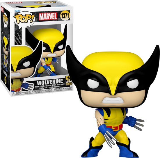 Wolverine Funko Pop! #1371 in klassieke geel-blauwe outfit, met klauwen en boos gezicht.