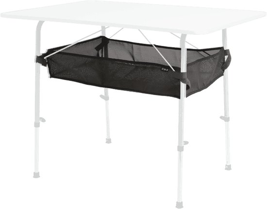 Wit campingtafel met een zwart gaasnet opbergvak eronder.