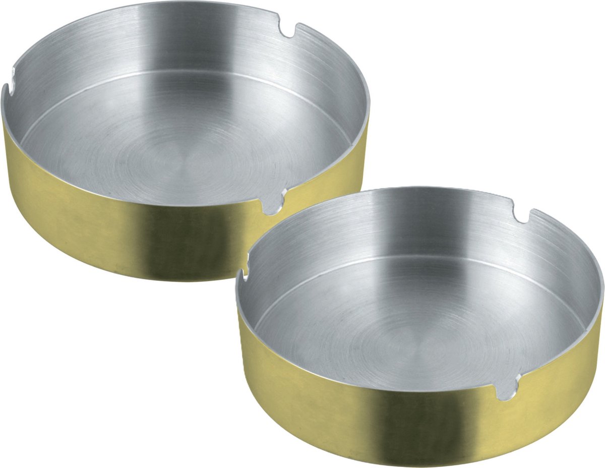 Goedkoopste Asbak rond - 2x - RVS metaal - goud metallic - 9 x 3 cm - buiten/binnen